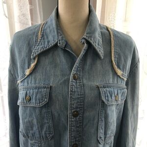 Jean shirt snap button light wash rope detail large western